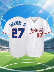 Men's Letter & Number Stitched Button Front Baseball Jersey, Sports Jersey, Casual Loose Short Sleeve V Neck DOMINICANA 27 Baseball Top for Fall & Winter, Baseball Christmas Gifts, New Year