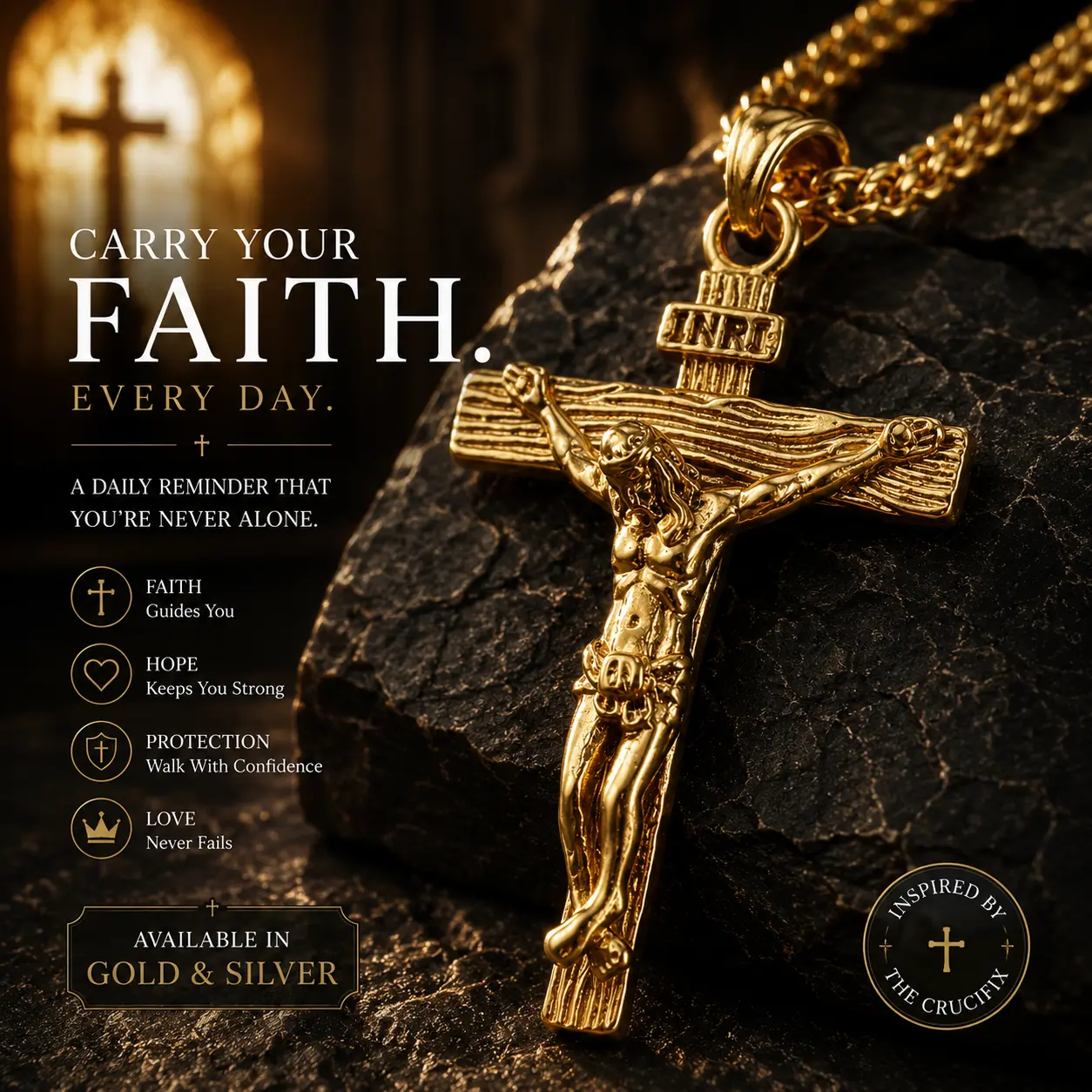 FaithHeart Stainless Steel Crucifix Cross Pendant with Chain, Christian Baptism Jewelry, Cross Jewelry Necklaces