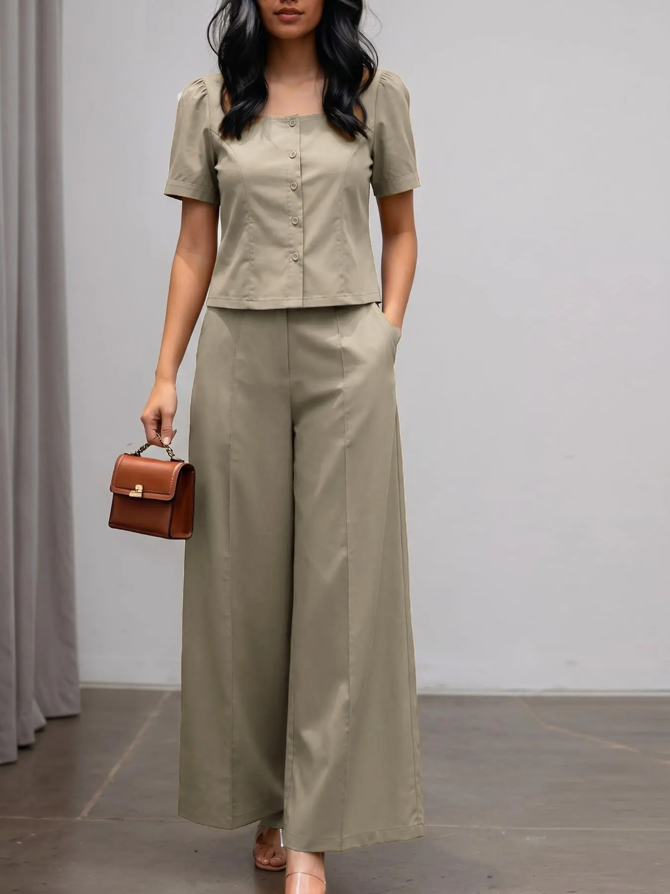 Women's Square Neck Bubble Short Sleeve Shirt + Long Pants Set, Casual Loose-Fitting Suit, Chic Spring & Fall Fashion, Medium Length Top