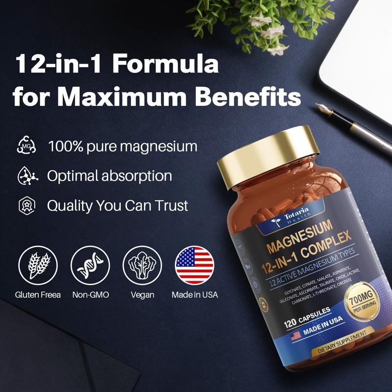 Totaria 12-in-1 Magnesium Complex 700mg, Magnesium Glycinate Citrate Malate Oxide Taurate Aspartate Orotate, Vegan Capsules, Dietary Supplement Vitamin Fitness Edible Edible Mineral Calcium