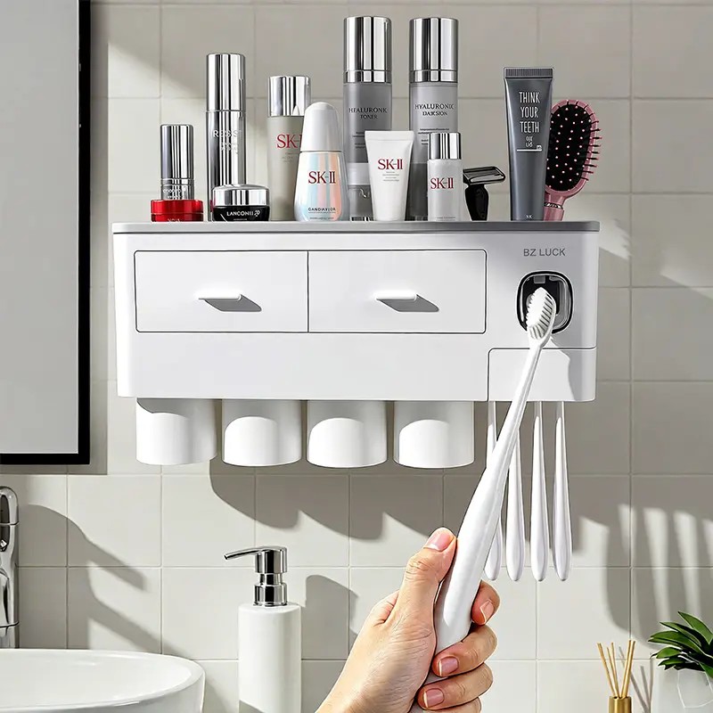Wall-mounted Toothbrush Holder with Dual Automatic Toothpaste Dispensers & 2-4 Magnetic Cups for Home Goods Organization tiktokshopspringglowup Organizing Bathroom  summervibes Bathroom Organizer