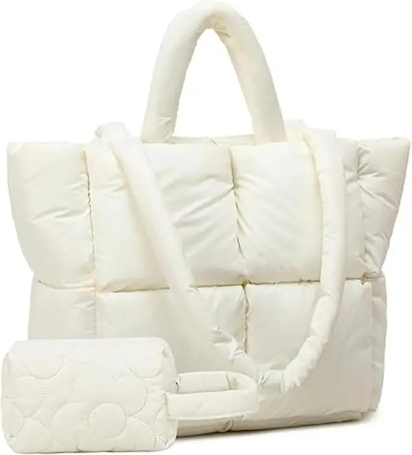 Puffer Tote Bag Quilted Puffy Purse Shoulder Bags for Women - Beige 14.2x5x10 Inch with Zipper Closure & Padded Straps - Perfect for Work, Shopping, Travel, & Daily Use - Great Gift Idea