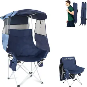 Folding Camping Chairs Canopy Outdoor:  Portable Beach Chair with Canopy-Lawn Beach Chairs with Umbrella for Adults-Camping Chair with Shade for Fishing Camp Heavy Duty (Regular, Navy Blue)