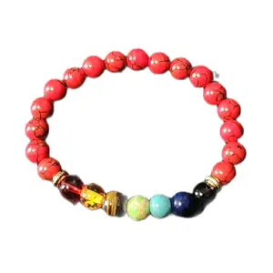 Red Pine and 7 Chakra Protection Bracelet with Colorful Beads for Protection and Balance
