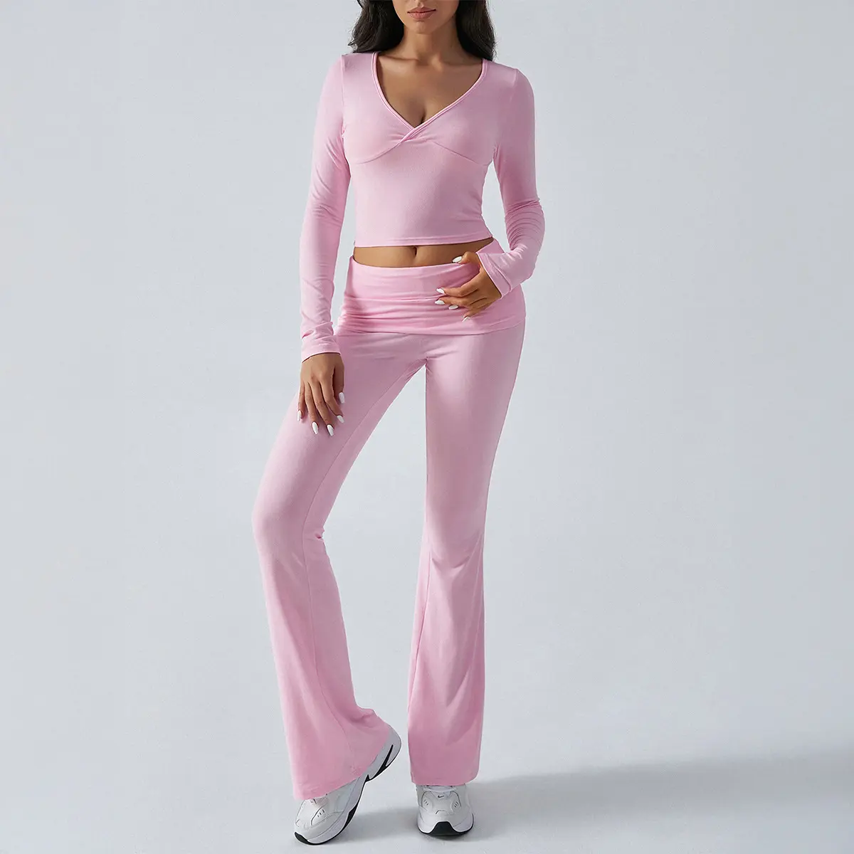 Women's 2-Piece Slim-Fit Knit Fabric Set - Long Sleeve Top and Pants for Casual Wear, Sports Loungewear with Compression, Women's Two Piece Set