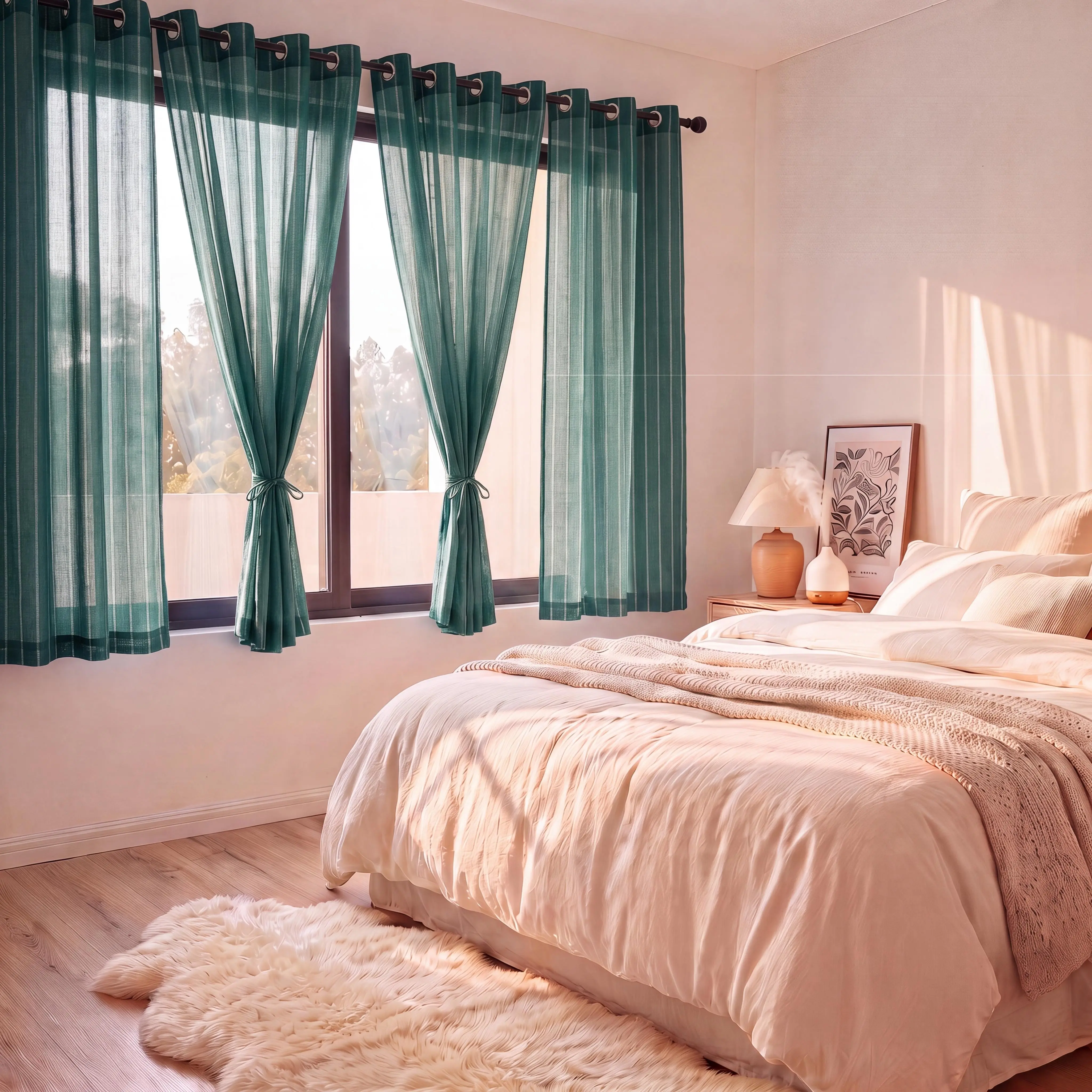 4 Pcs 52x63 inch Bamboo Gauze Net Curtains with Delicate Hollow-Out Stripes, Grommet Top Airy Sheer Drapes, Lightweight Solid Fabric Window Curtains for Bedroom Living Room Home Decor FT6664, Light Filtering, Net Curtains Window