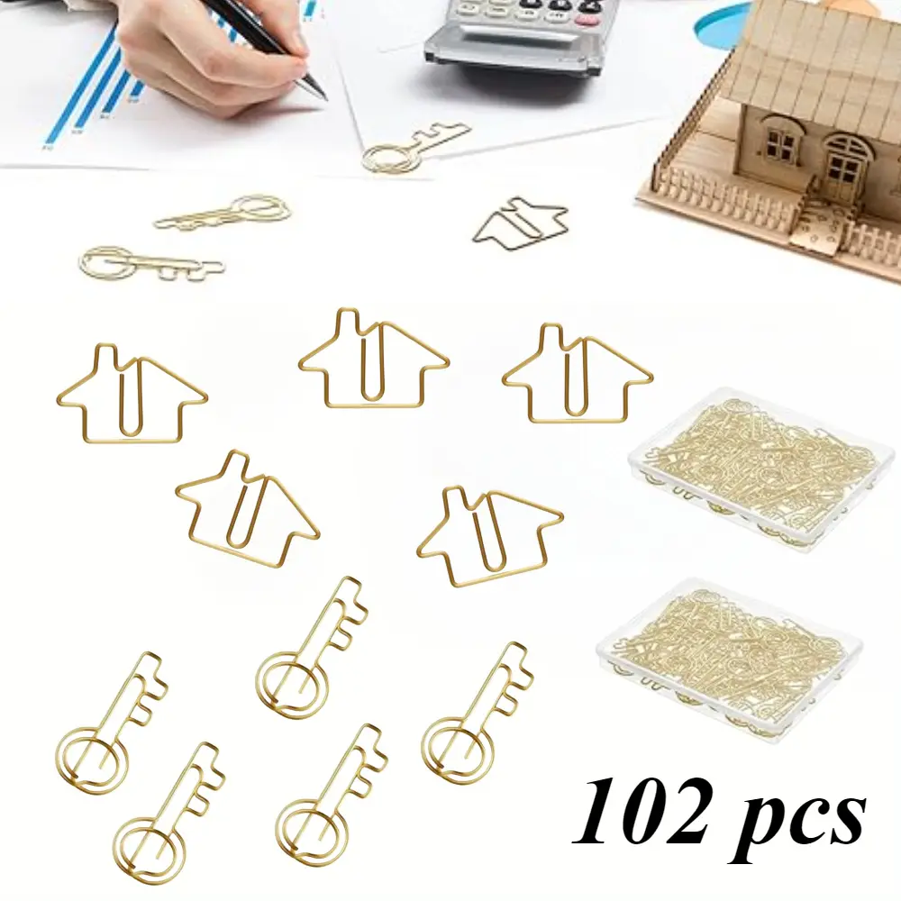 102 Pack Clips Office Supplies Including 50 Pcs House Shaped Paper Clips 50 Pcs Key Shaped Wire Paper Pins with 2 Clear Storage Box for Agent Office Home Classroom Desk Accessories Gift(Gold)