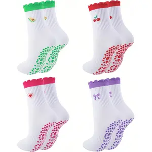 4 Pairs Women's Pilates Grip Socks, Non-Skid Yoga Grippy Socks, Cute Barre Sticky Athletic Crew Socks