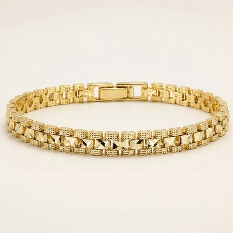 Gold-Tone Watch Band Bracelet – Textured Geometric Link Design with Secure Clasp 7 inch to 7.5 inch