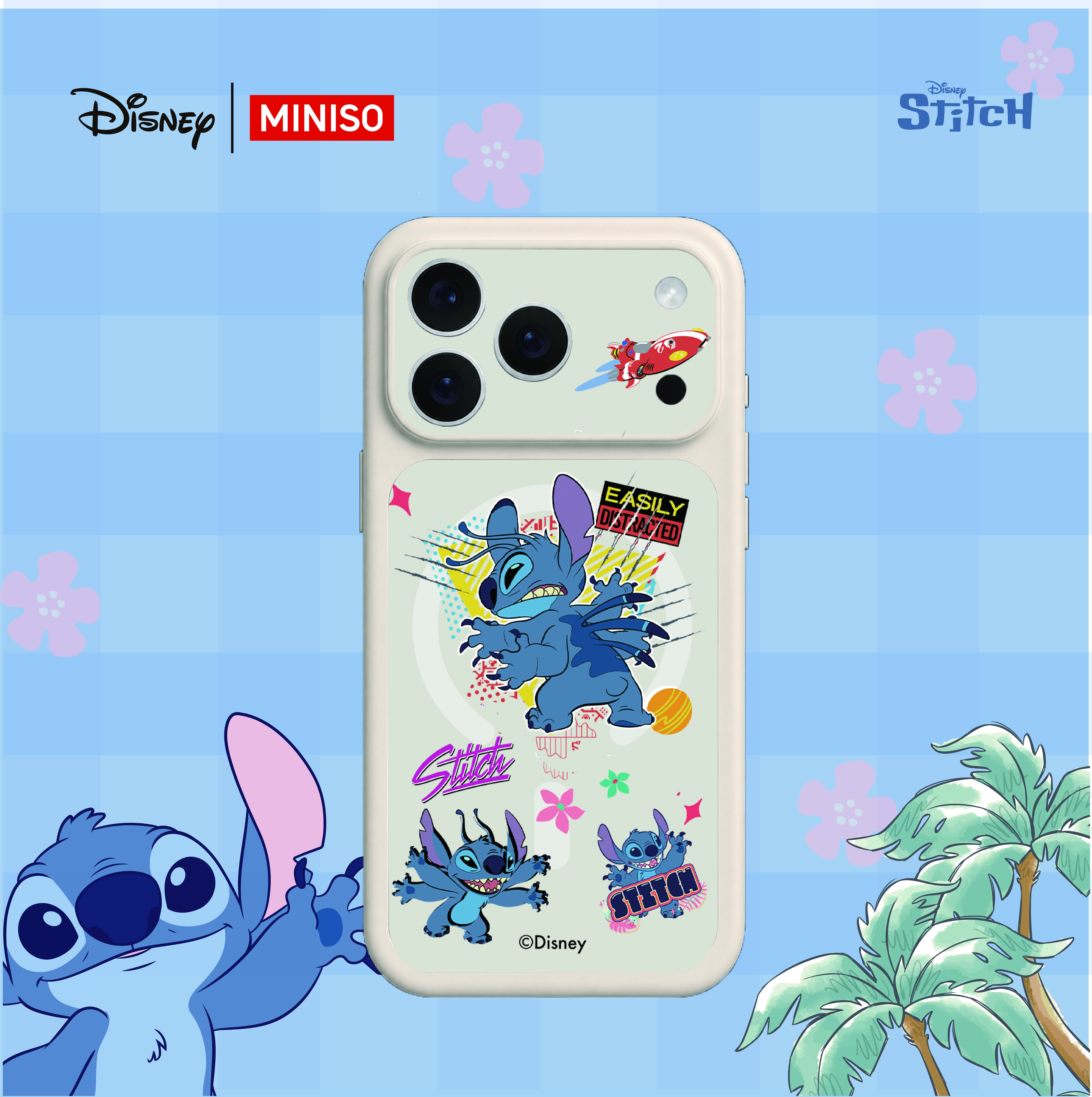 MINISO Disney Stitch Alien Form Graffiti Magnetic Phone Case, Comic Spaceship Soft Edge Protective Cover with Built-in Magnetic Ring for iPhone18 17 16 15 14 13 Pro Max