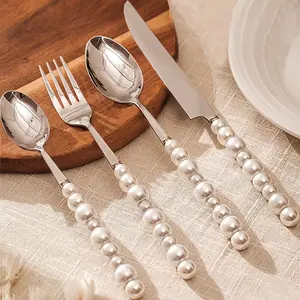 4 unique pearl-shaped stainless steel cutlery set with ceramic handles - steak knives, dessert spoons, forks and spoons: creative kitchen ols for everyday meals, birthday parties and holiday gatherings