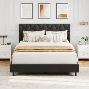 Grey Full Size Upholstered Platform Bed Frame with Diamond Tufted Headboard, Heavy-Duty Strong Wood Slats, No Box Spring Needed, Easy Setup, Noise-Free