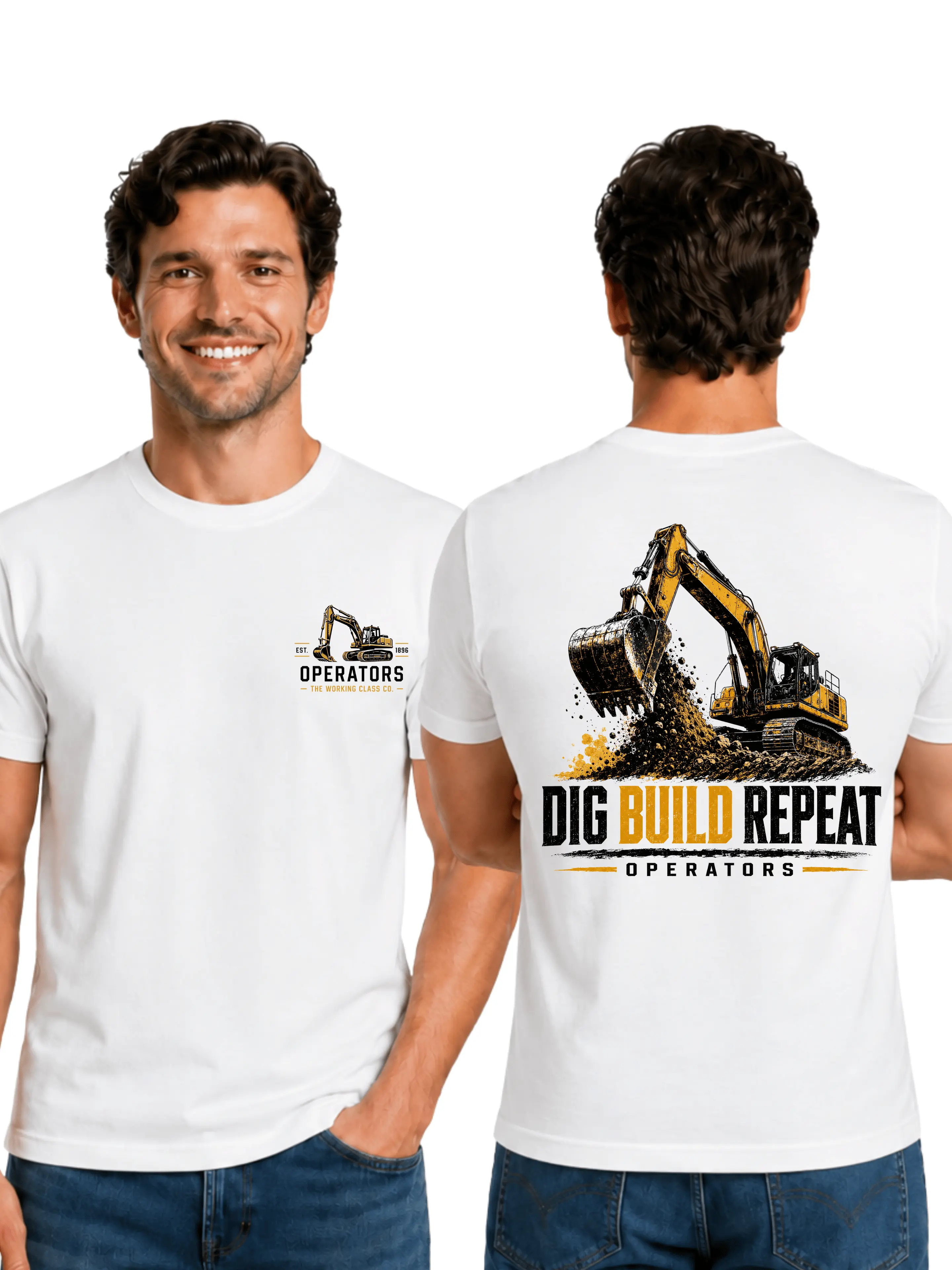 Dig Build Repeat Excavator Operator T-Shirt, 2 Sides, Heavy Equipment Worker Graphic Tee