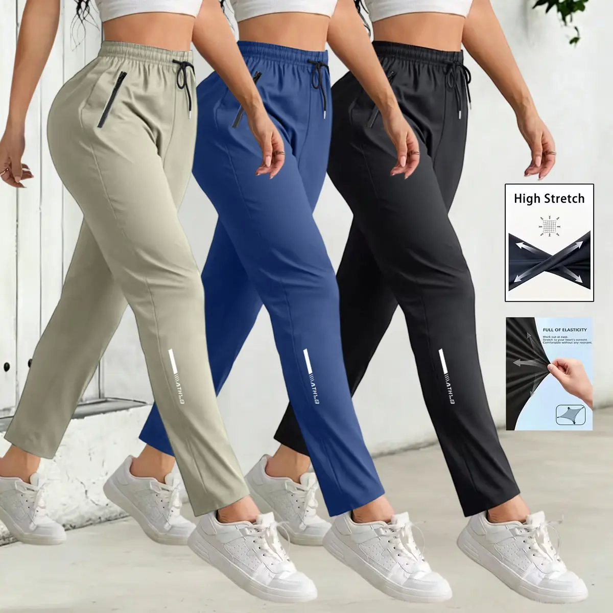 3-pack women’s casual long pants: elastic-waist athletic pants for summer, ice silk long pants with drawstring, slightly stretchy, versatile casual wear suitable for everyday streetwear.,back to school shopping
