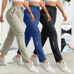 3-pack women’s casual long pants: elastic-waist athletic pants for summer, ice silk long pants with drawstring, slightly stretchy, versatile casual wear suitable for everyday streetwear.