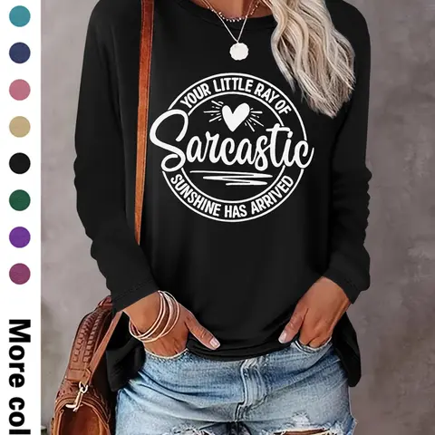 Women's Letter & Heart Print Round Neck Tee, Casual Long Sleeve Crew Neck T-shirt Top for Daily Wear, Ladies Clothes for All Seasons, Womenswear