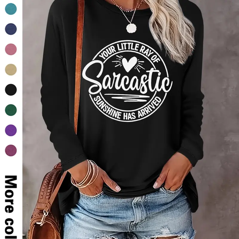 Women's Letter & Heart Print Round Neck Tee, Casual Long Sleeve Crew Neck T-shirt Top for Daily Wear, Ladies Clothes for All Seasons, Womenswear