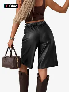 High-Waisted Loose-Fit Five-Quarter Pants, PU Leather Seven-Quarter Pants for Women, Retro Chic Boot Cut, Slimming Wide Leg, Spring & Fall Shorts