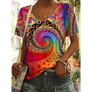 Abstract Print V Neck T-Shirt, Ethnic Style Short Sleeve T-Shirt For Spring & Summer, Women's Clothing