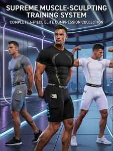 Men's 6-Piece Elite Compression Suits Set - 3 Full Sets Gym Workout Short Sleeve Shirts & Pocket Spandex Shorts, Ergonomic Muscle Support Fitness Training System