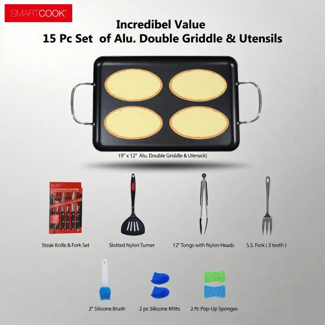 SmartCook Aluminum Double Burner Griddle Pan, 17 or 19 Inch Nonstick Stovetop Grill, Optional 5-Piece Utensil Kit for Breakfast and BBQ