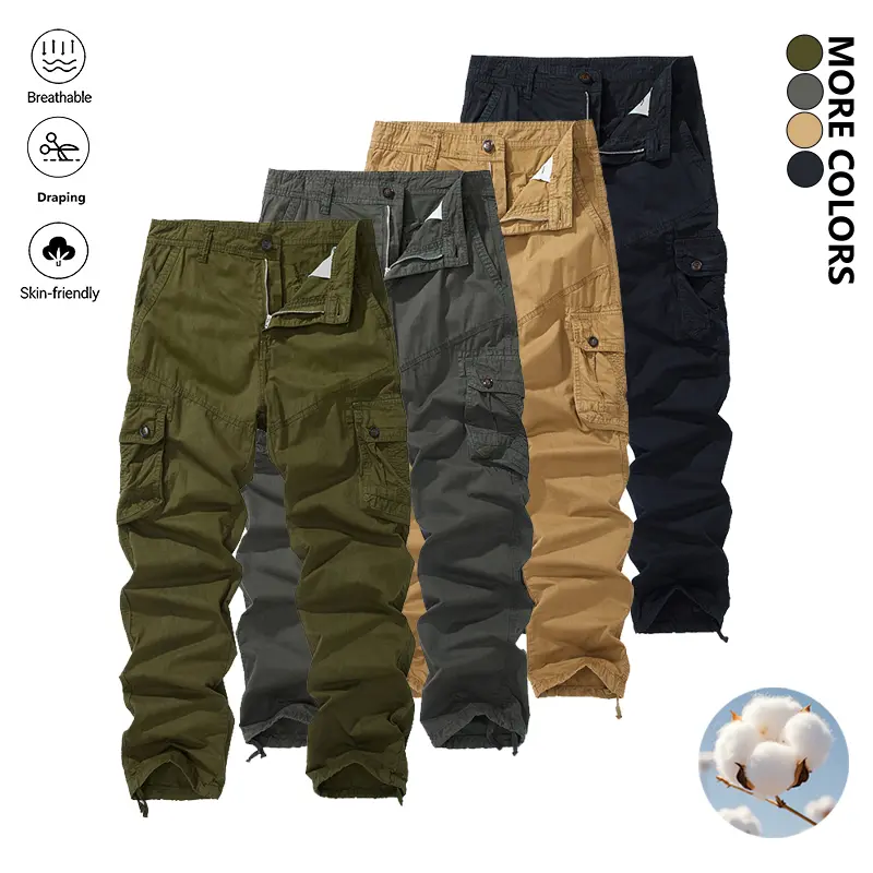 Clean Gent men’s casual solid-color cargo pants, 100% cotton, skin-friendly, comfortable, breathable fabric, practical flap design with multiple pockets, available in various colors, zipper and button closure, suitable for everyday commuting outfits, Fath