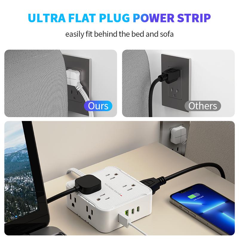 8 AC sockets,6.5FT/10FT/15FT extension cord power board,12-in-1 power board/power socket/power strip, maximum power of 1250.W, 10A, 2 USB 2Type-C, suitable for home, office, travel and computer.