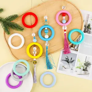 16PCS Silicone Beadable Rings 65mm Round Silicone Focal Bead Ring Loop Bulk with 2 Hole for DIY Make Handicrafts Keychains Car Charm Necklaces Lanyards