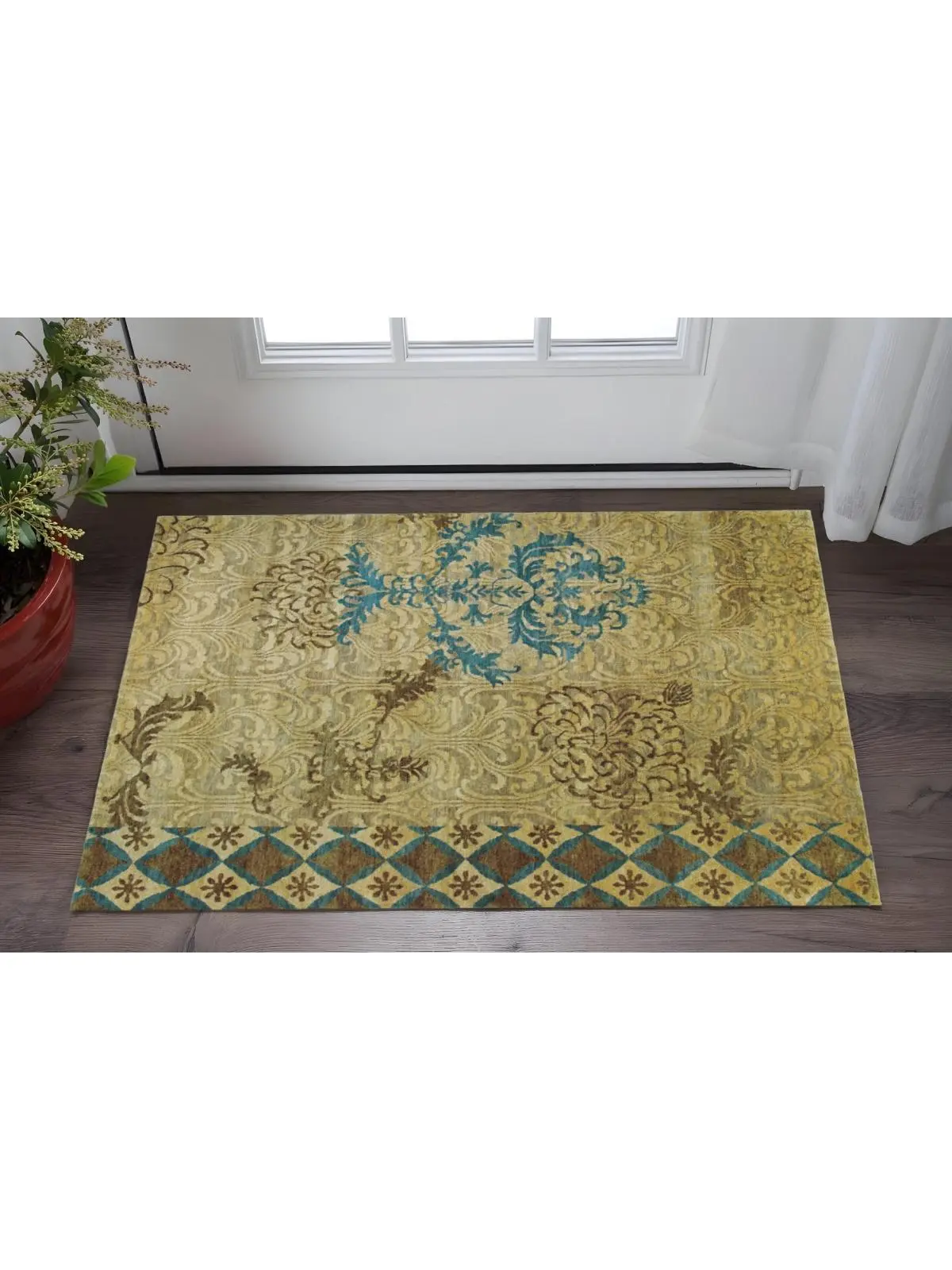 212 MAIN 2x3 ft. Hand-Knotted Floral Indoor Home Decor Rug, Colorful Decorative Pattern Flower Area Rug, Blue-Brown-Tan Rectangular Handmade Carpet, Indoor Area Rugs, Home Decor Rugs