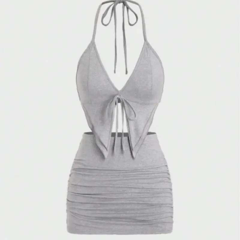 Women's Solid Fitted Lightweight Tie Front Halter Neck Top & Ruched Skirt Two-piece Set, Casual Trend Fashion Chic Minimalist Cozy Two Piece Outfits for Daily Outdoor Wear, Vacation Sets, Ladies Clothes Womenswear for Summer