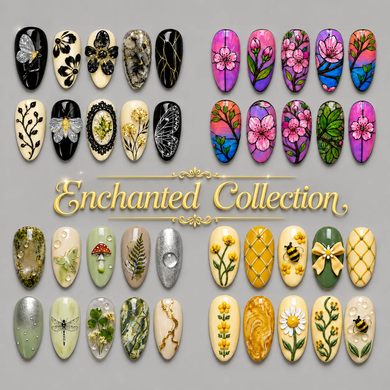 NAILCOUTURE Luxury Handmade 3D Nail Art Reusable Press On Nails | Long & Medium Almond Stiletto Oval Nails | Acrylic Gel Press On Nails | Summer Floral Butterfly Shell Collection | Glossy Salon Quality
