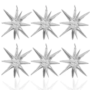 6 Pcs Silver Star Foil Balloons 22inch, 14-Pointed Starburst Mylar Balloons for Party Decoration