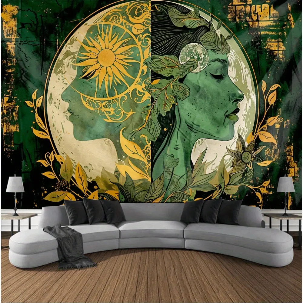 Sun and Moon Goddess Mandala Tapestry - Artisan Style Tapestries, Bohemian Wall Hanging, Mystical Tattoo-Inspired Home Decor, Polyester Rod Wave