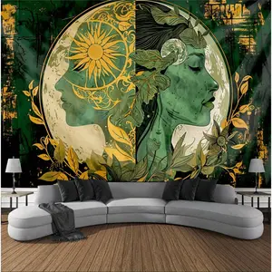 Sun and Moon Goddess Mandala Tapestry - Bohemian Style Wall Hanging, Mystical Tattoo-Inspired Home Decor, Polyester Rod Wave