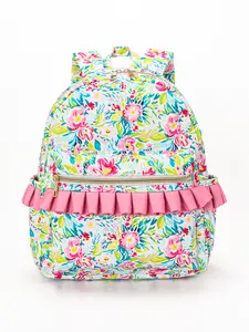 Floral Blue Print Backpack for Girls 13*17*5 Inches with Ruffle Detail, Ideal for School Starting Year