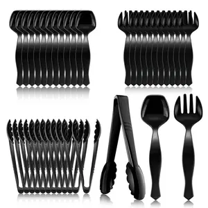 36Pcs Plastic Serving Utensils Set Large Disposable Serving Spoons Forks Tongs for Serving Food 8.5'' Heavy Duty Black Large Party Utensils Supplies for Buffet Restaurant Dinner Salad Soup
