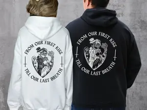 Matching Skeleton Couple Hoodies, Fiance Bride Sweatshirt, Romantic Goth Wedding Gift, His and Hers Engagement Shirts, Lovers Anniversary Womenswear,Couple Valentine