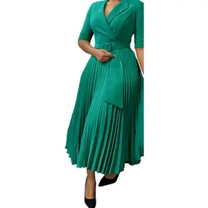 Elegant Office Dresses for Women - Pleated Notched Collar Half Sleeve Belted Mid-Calf Professional African Business Robe Check Formal Light Womenswear Basic Shortsleeve Dress Minimalist Chic