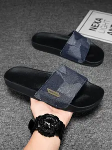 Men's Retro Denim Patchwork Slide Slippers, Luxury One‑Strap Casual Sandals, Non‑Slip Thick Soft Sole Slides for Summer Indoor Outdoor Daily Wear