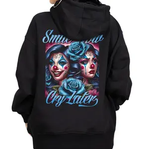 Women's Oversized Long Sleeve Button Hoodie - Smile Now Cry Later Halloween Chicano Lowrider Chicana Art Design, Comfortable Cotton Fabric, Loose Fit Unisex Casual Streetwear