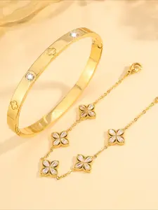 2pcs of elegant and luxurious stainless steel bracelets and bracelets, adorned with delicate floral patterns, suitable for daily commuting, dating, and party gatherings. It is a charming gift for her to showcase her exquisite fashion taste