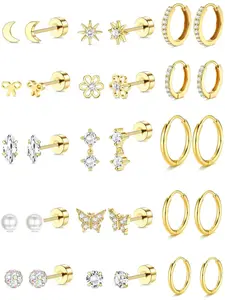 15 Pairs 14K Gold Plated Flat Back Earrings Hypoallergenic Surgical Stainless Steel Stud Hoop Earrings for Women Girls Cute Stud Earring Set Small Huggie Hoops Cartilage Earring Stacks