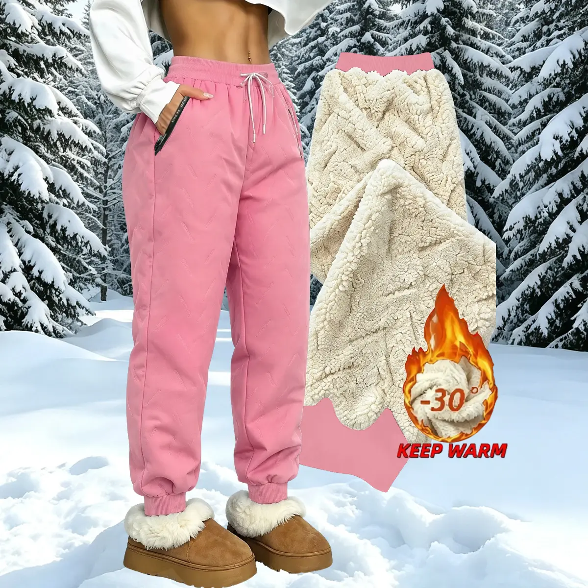 Women's Fleece-Lined Winter Casual Jogger Bottoms - Warm Athletic Long Pants with Zippered Pockets