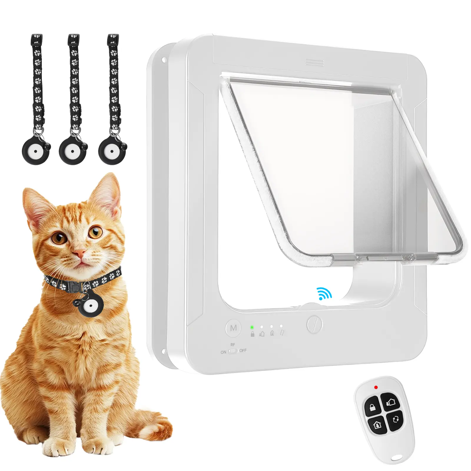 Smart Cat Door for Interior & Exterior, Cat Pet Door with 3 Collar Sensor Keys & 1 Remote Control & 4 Way Locking Cat Flap with RFID Collar Activated Opening CatDoor