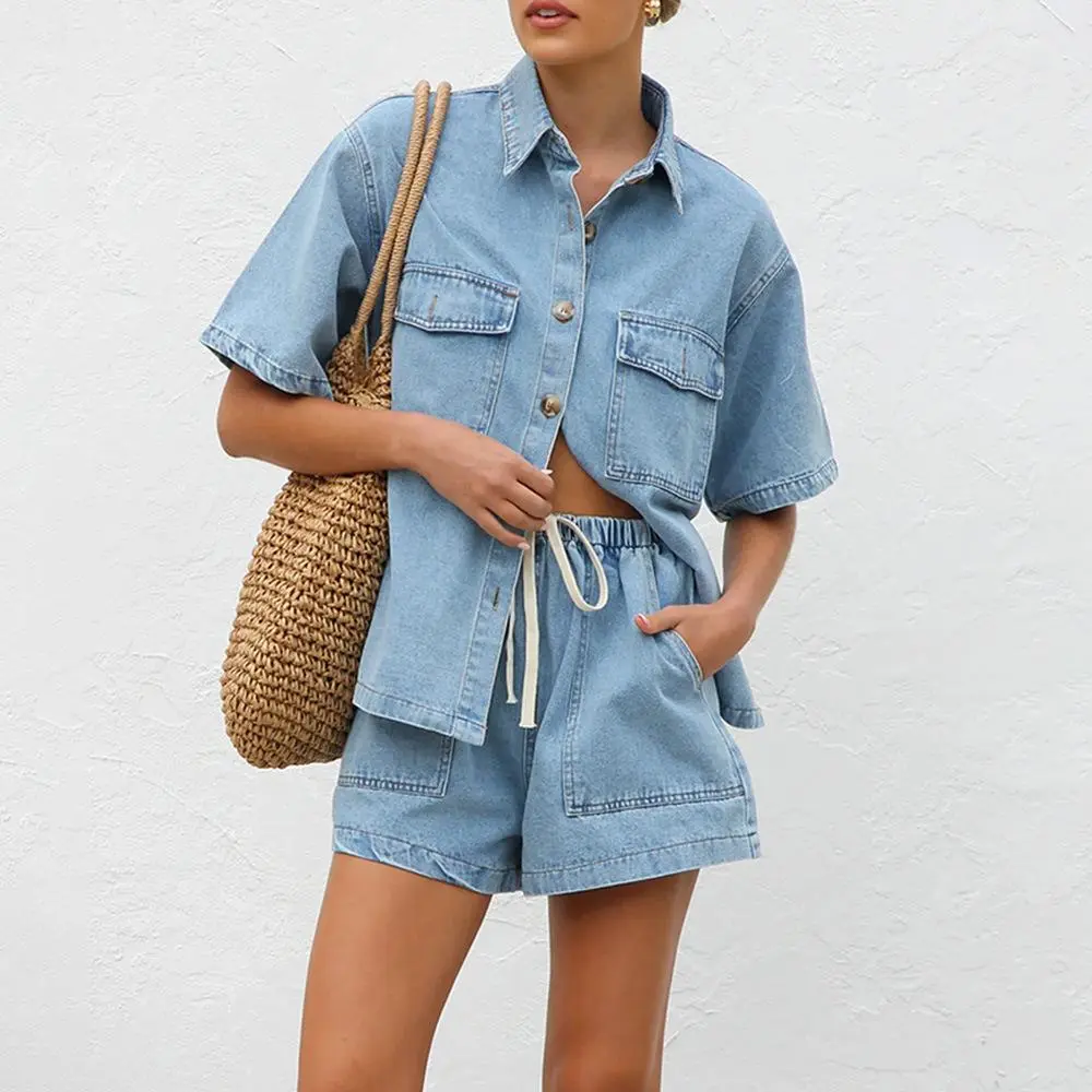 Women's 2026 New Arrival Vintage Casual Two Piece Denim Co-Ord Set - Loose Fit Short Sleeve Pocket Button Down Shirt & Matching Denim Shorts, Sold Separately Available Trendy Outfit for Daily Wear, Vacation & Going Out