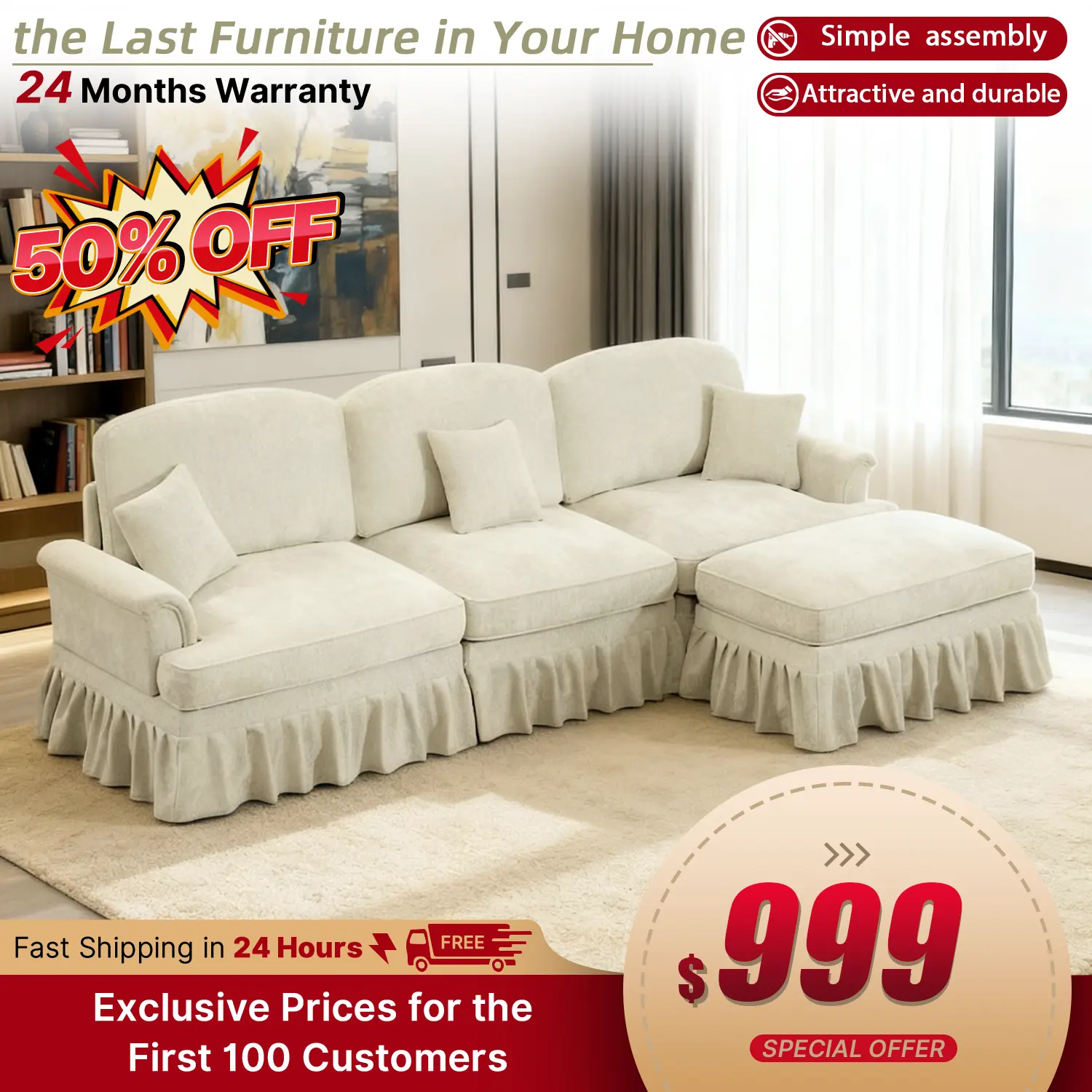 Mid Century Three Seater Modular L Shaped Sectional Couch with Flared Arms and Removable Ruffles Pleats Skirts and Spindle Legs, Comfy Chenille 3-Seat Deep Seat Sofa with Movable Ottoman