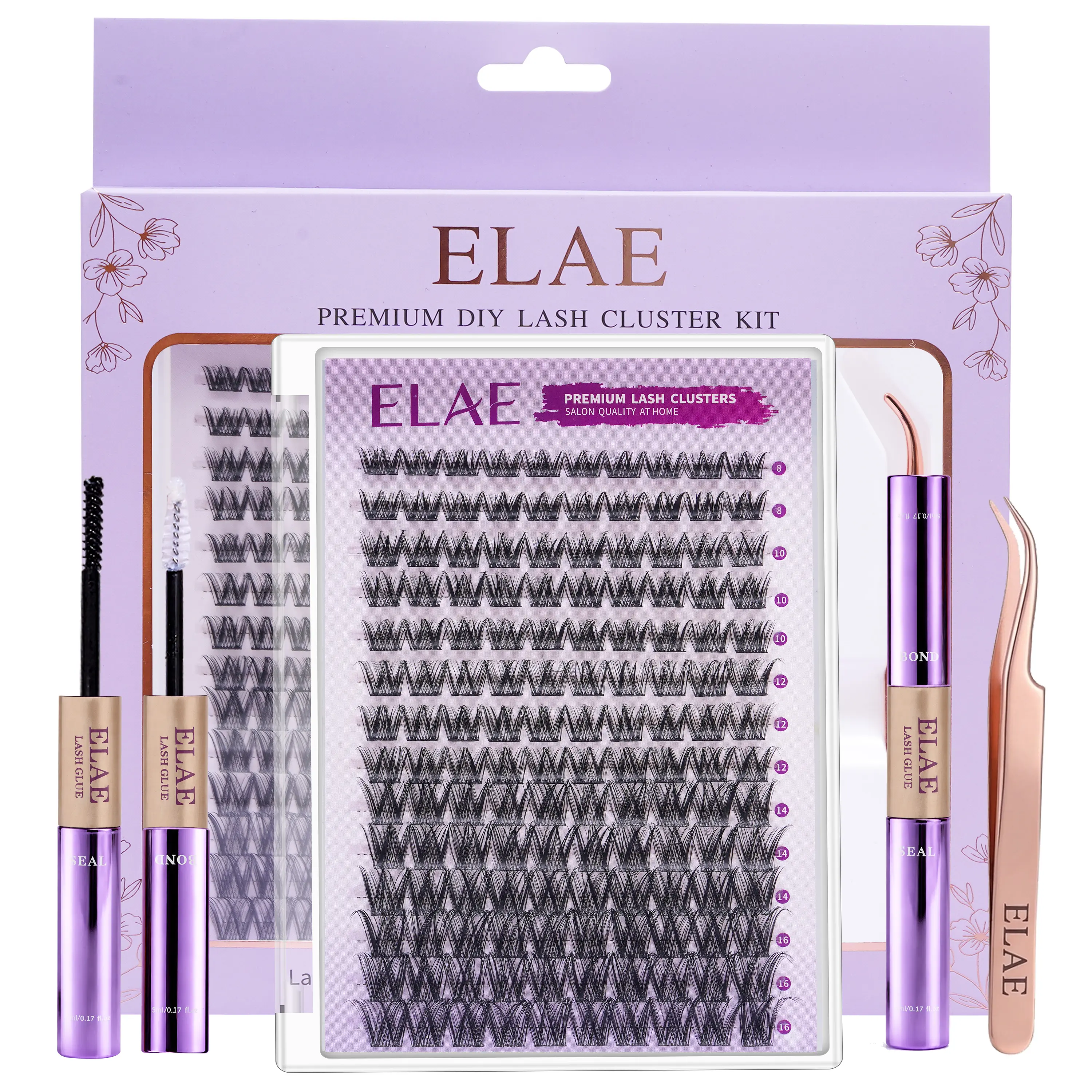 ELAE D Curl Manga Lash Cluster Kit, DIY Wispy Spike Lash Clusters with Bond & Seal, 8-16mm Mixed Length Individual Lash Clusters, Lightweight Wispy Volume Lashes for Custom Lash Maps & Doll Eye Looks