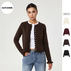 KatchMe Women's Versatile Knit Solid Color Button-Up Lettuce Trim Long Sleeve Cozy Cardigan, Fall & Winter Outerwear Jacket, Soft Round Neck Sweater（CN）