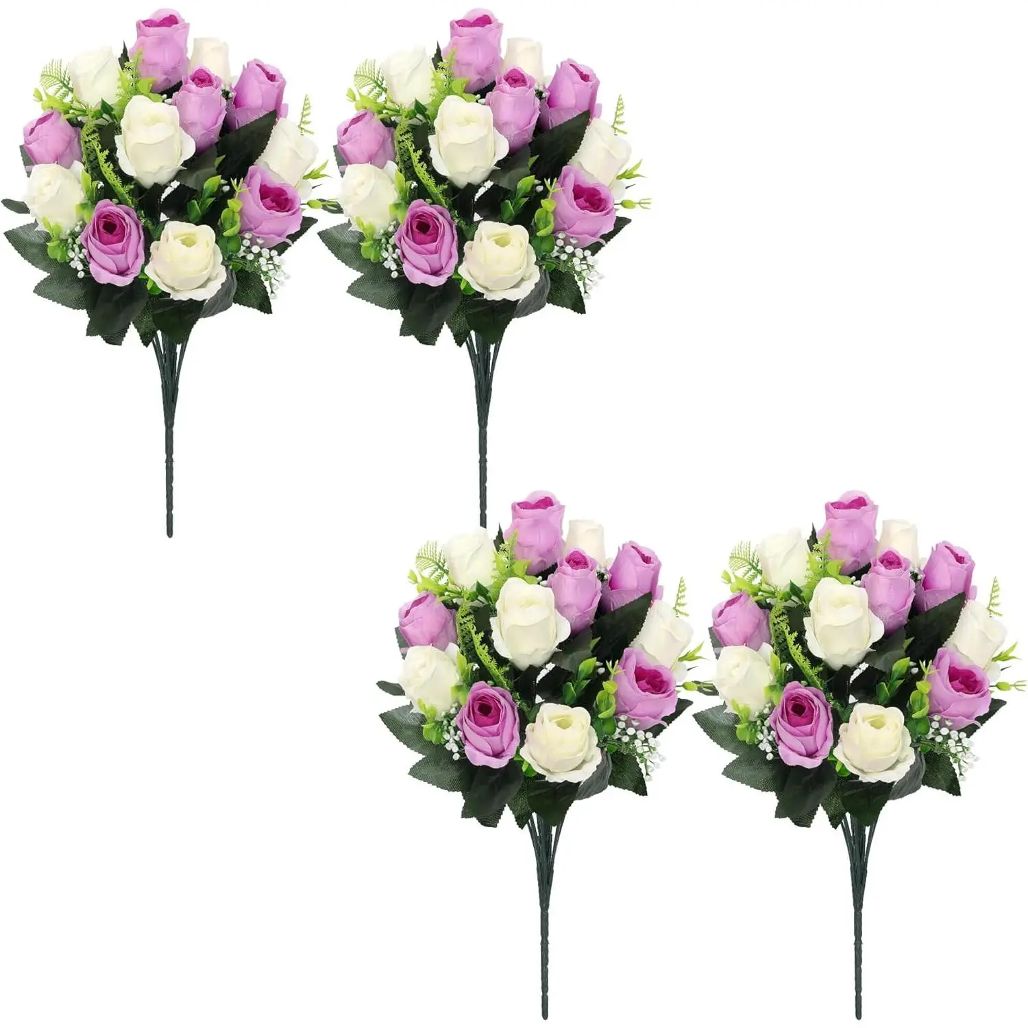 Silk Artificial Memorial Decorative Plants, 4-Pack Realistic Rose Bouquets for Outdoor Cemetery Grave Decor, Long-Lasting Home Centerpiece Arrangements (Purple)