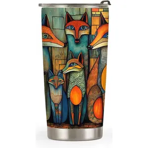 20oz Fork Art Fox Family Fox Tumbler Cup, Insulated Travel Cup with Lid, Fox Gifts for Fox Lovers, Fox Gifts for Women, Coffee Thermos for Women, Inspirational Gifts for Her